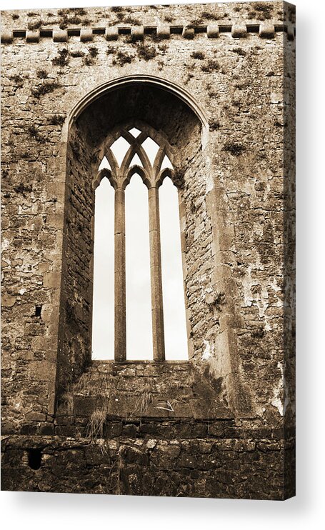 Athassel Acrylic Print featuring the photograph Gothic Window Athassel Priory Ireland County Tipperary Medieval Ruins Sepia by Shawn O'Brien
