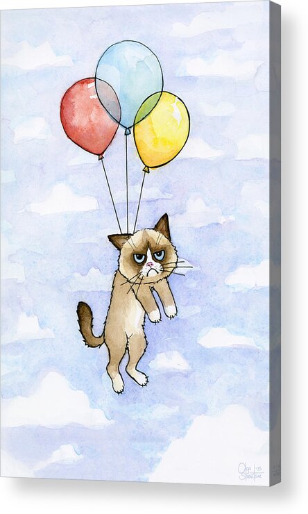 Grumpy Acrylic Print featuring the painting Grumpy Cat and Balloons by Olga Shvartsur