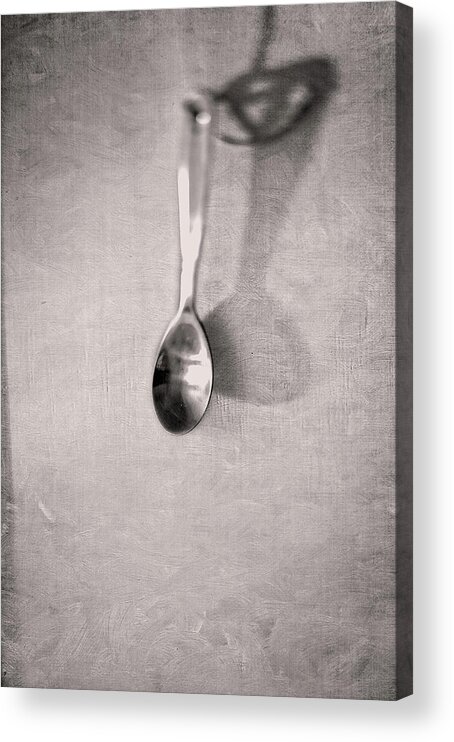 Black Acrylic Print featuring the photograph Hanging Spoon on Jute Twine in BW by YoPedro