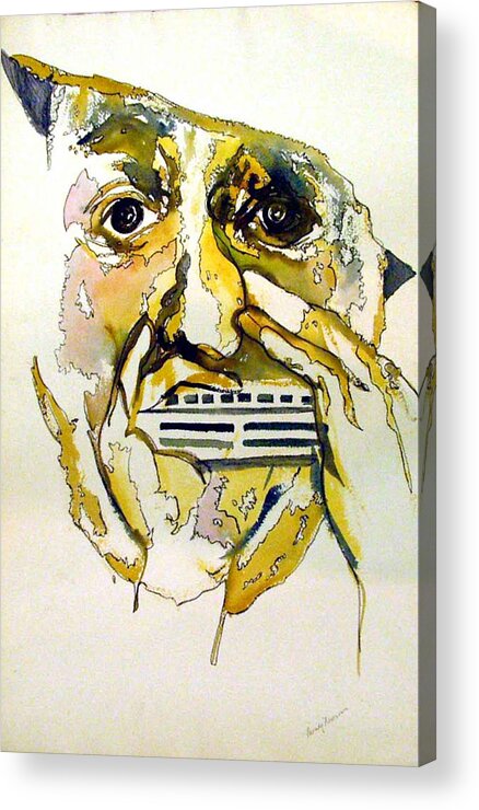 Harmonica Acrylic Print featuring the painting Harmonica Player by Mindy Newman