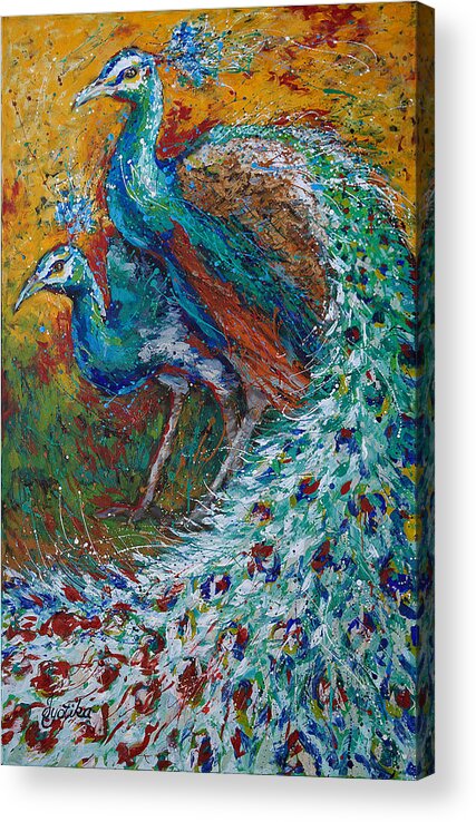 Peacock And Peahen Acrylic Print featuring the painting Harmonious by Jyotika Shroff