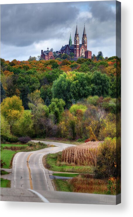 Holy Hill Basilica Cathedral Catholic Wisconsin Scenic Landscape Architecture Roads Road Trip Autumn Corn Rural Fall Fall Colors Church Acrylic Print featuring the photograph Holy Hill Basilica by Peter Herman