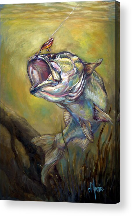 Bass Acrylic Print featuring the painting Hooked by Tom Dauria