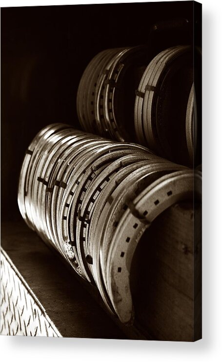 Farrier Acrylic Print featuring the photograph Horse Shoes in Sepia by Angela Rath