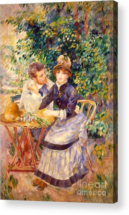Impressionism; Impressionist; Male; Female; Relationship; Lovers; Flirtation; Coy; Seated; Attentive; Wooing; Flowers; Persistence; Persistent Acrylic Print featuring the painting In the Garden by Pierre Auguste Renoir