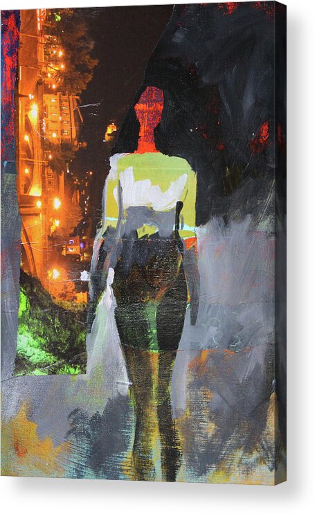 Abstract Figure Collage Acrylic Print featuring the mixed media Into the Night by Nancy Merkle