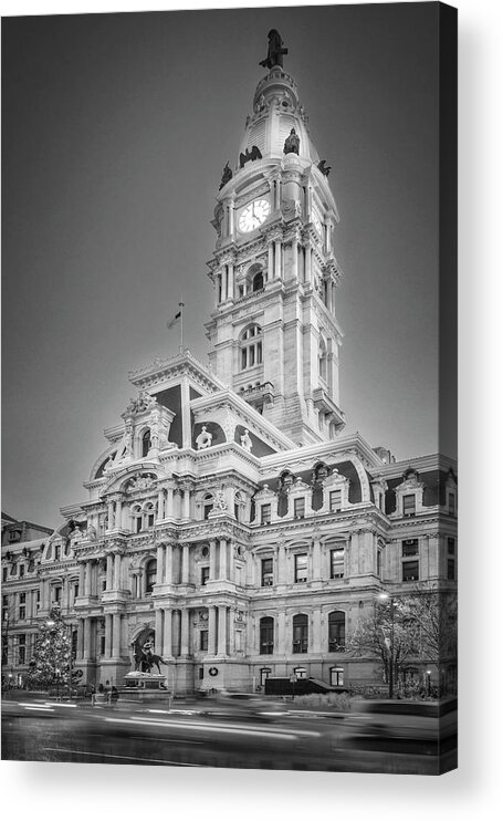 Philadelphia City Hall Acrylic Print featuring the photograph It's Five O'Clock In Philly BW by Susan Candelario