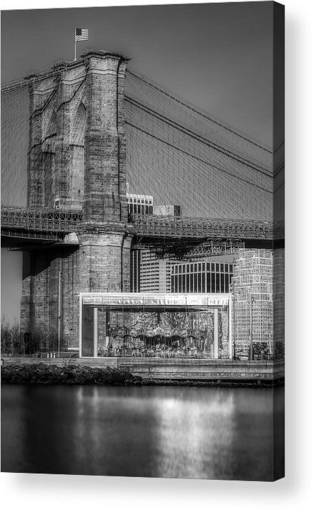 Brooklyn Bridge Acrylic Print featuring the photograph Jane's Carousel Brooklyn Bridge BW by Susan Candelario