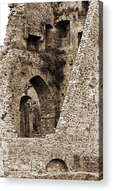 Kells Acrylic Print featuring the photograph Kells Priory Ireland Tower House Interior Ruins County Kilkenny Sepia by Shawn O'Brien