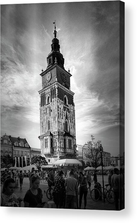 Central Europe Acrylic Print featuring the photograph Krakow Town Tower Black and White by Sharon Popek