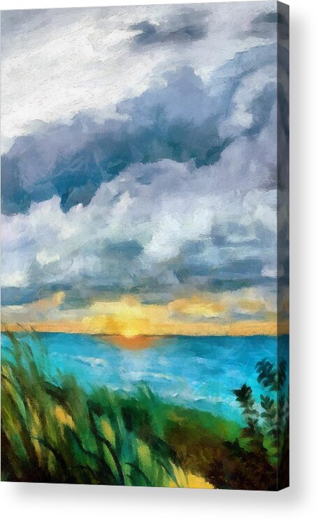 Golden Acrylic Print featuring the painting Lake Michigan Sunset by Michelle Calkins