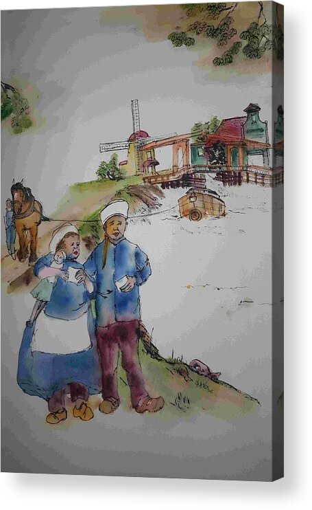 The Netherlands. Landscape. Cityscape. Canal. Children. Barge Horses. Barges. Acrylic Print featuring the painting Land of windmill clogs and tulips album by Debbi Saccomanno Chan