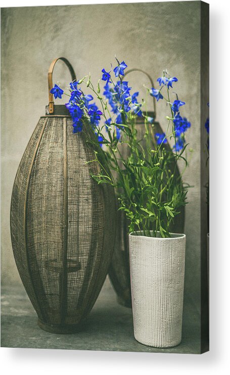 Botanical Acrylic Print featuring the photograph Lanterns and blue flowers by Yancho Sabev Art