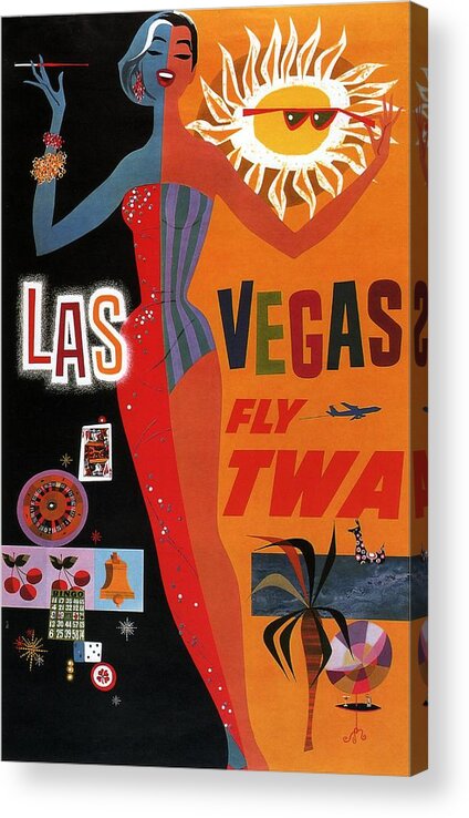 Travel Poster Acrylic Print featuring the mixed media Las Vegas, Fly Twa - Retro travel Poster - Vintage Poster by Studio Grafiikka