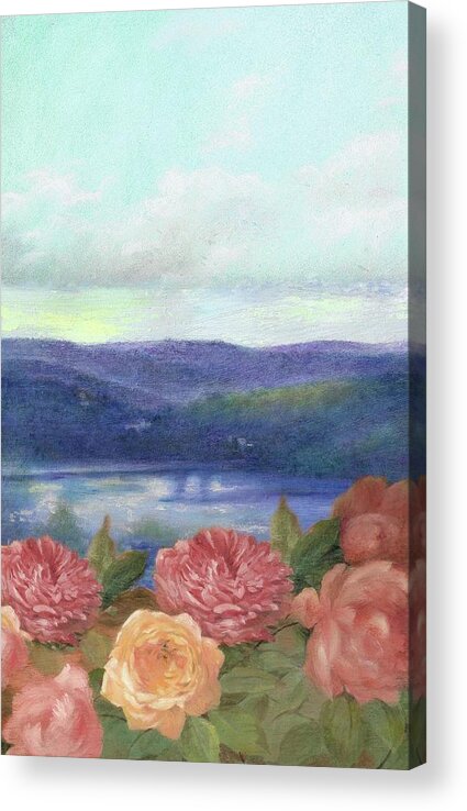 Tonal Landscape Acrylic Print featuring the painting Lavender Morning with Roses by Judith Cheng