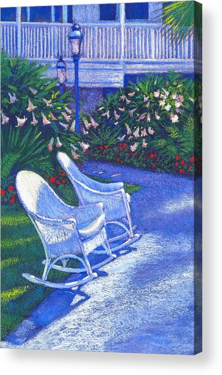 Wicker Rocking Chairs Acrylic Print featuring the painting Let's Visit by Karen Faire