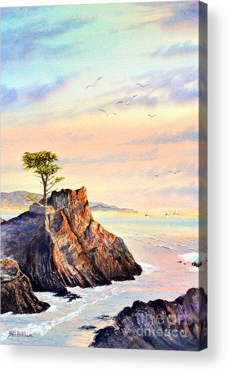 Lone Cypress Tree Acrylic Print featuring the painting Lone Cypress Tree Pebble Beach by Bill Holkham