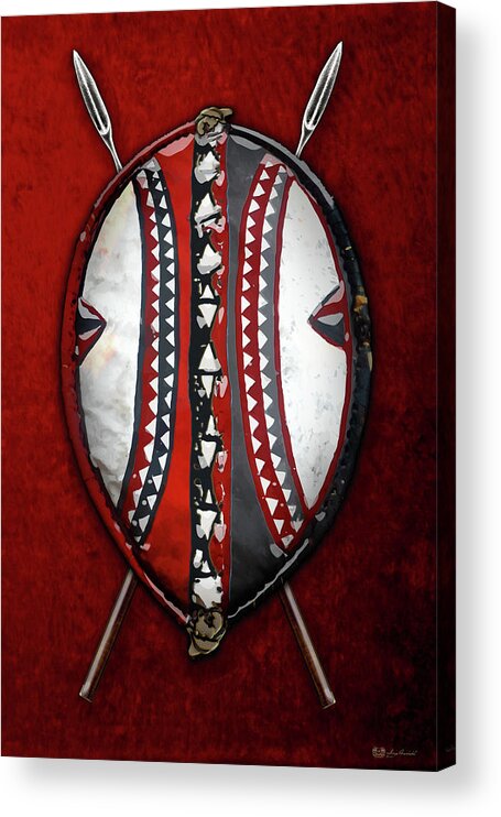 'war Shields' Collection By Serge Averbukh Acrylic Print featuring the digital art Maasai War Shield with Spears on Red Velvet by Serge Averbukh