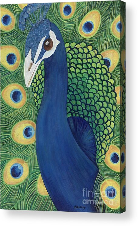 Blue Acrylic Print featuring the painting Majestic Peacock by Lisa Bentley
