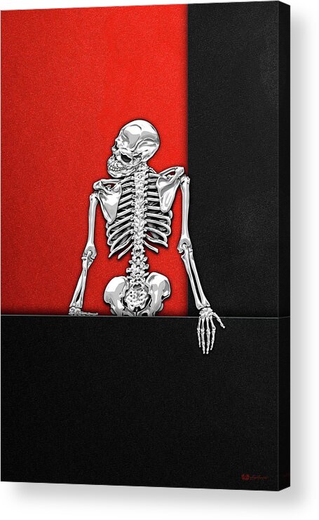 'visual Art Pop' Collection By Serge Averbukh Acrylic Print featuring the digital art Memento Mori - Silver Human Skeleton on Black and Red Canvas by Serge Averbukh