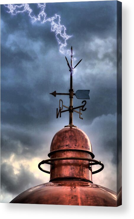 Architecture Acrylic Print featuring the photograph Menorca copper lighthouse dome with lightning rod under a bluish and stormy sky and lightning effect by Pedro Cardona Llambias