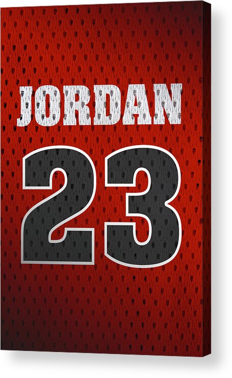 Michael Jordan Acrylic Print featuring the mixed media Michael Jordan Chicago Bulls Retro Vintage Jersey Closeup Graphic Design by Design Turnpike