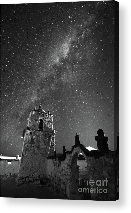 Chile Acrylic Print featuring the photograph Milky Way over Parinacota Church in Black and White Chile by James Brunker