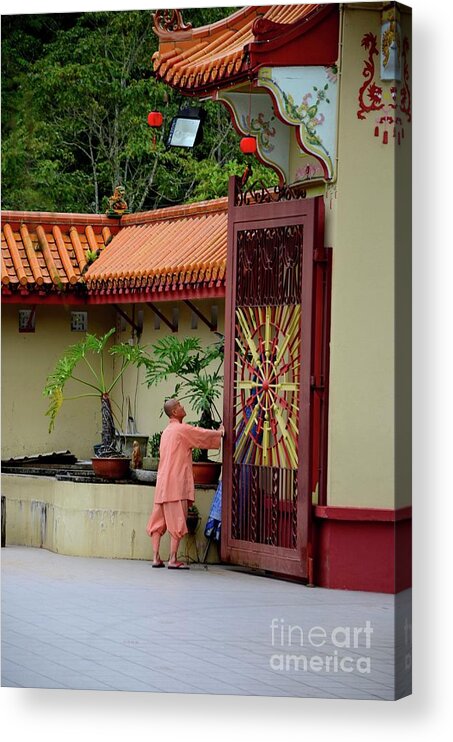 Temple Acrylic Print featuring the photograph Monk opens main gate and readies Sam Poh Chinese Buddhist temple Cameron Highlands Malaysia by Imran Ahmed