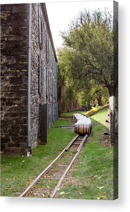 American Acrylic Print featuring the photograph Oak barrels outside stone distillery by Karen Foley