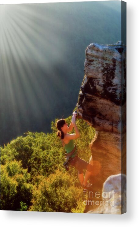 Rock Climber; Yoga; Master; Woman; Outdoors; Climbing Acrylic Print featuring the photograph On the edge by Dan Friend