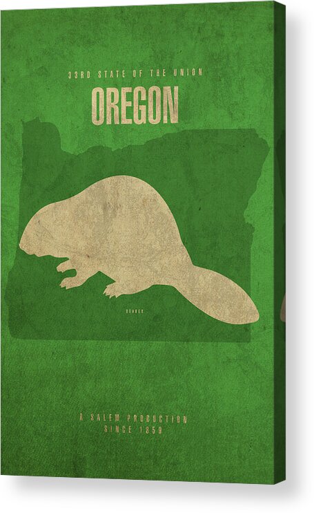 Oregon Acrylic Print featuring the mixed media Oregon State Facts Minimalist Movie Poster Art by Design Turnpike