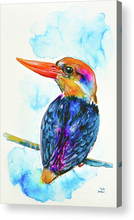 Oriental Dwarf Kingfisher Acrylic Print featuring the painting Oriental Dwarf Kingfisher by Zaira Dzhaubaeva