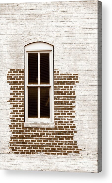 Mason Masonry Brick Window Patch Patched Repair Repaired Black White Monochrome Sepia Acrylic Print featuring the photograph Patched Masonry 1978 by Ken DePue