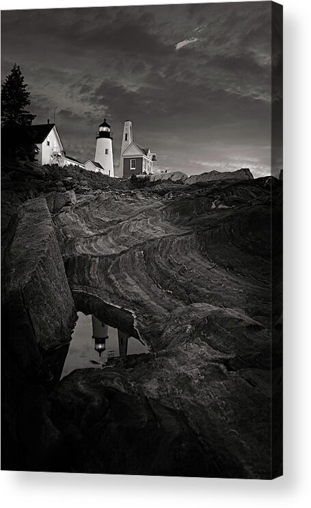 Pemaquid Point Lighthouse Acrylic Print featuring the photograph Pemaquid Lighthouse at dawn Black and White by David Smith