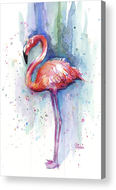 Watercolor Acrylic Print featuring the painting Pink Flamingo Watercolor by Olga Shvartsur