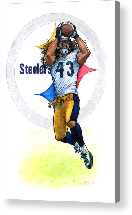 Troy Acrylic Print featuring the drawing Polamalu by Erik Schutzman