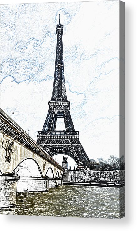Travelpixpro Paris Acrylic Print featuring the digital art Pont d'Lena Bridge Leading to the Eiffel Tower Paris France Colored Pencil Digital Art by Shawn O'Brien