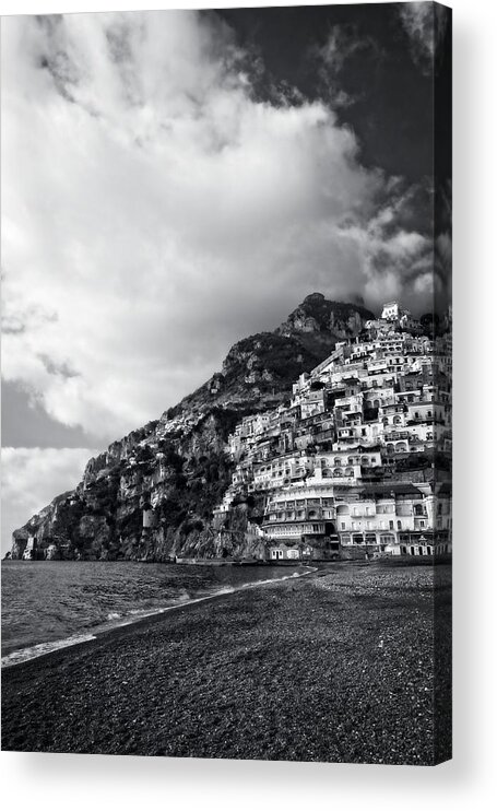 Black And White Acrylic Print featuring the photograph Positano Beach and Hillside by Allan Van Gasbeck