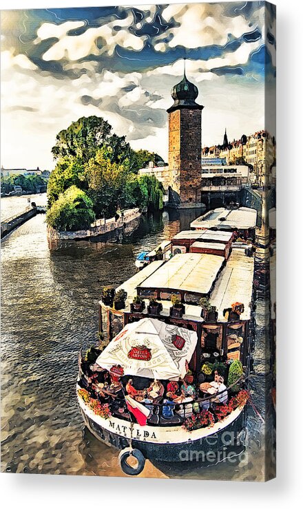 Prague Acrylic Print featuring the painting Prague Vltava river cruise watercolor by Justyna Jaszke JBJart