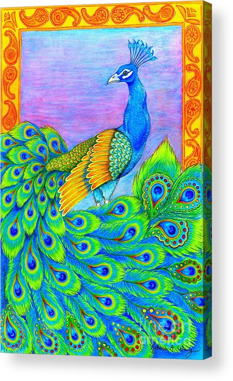 Peacock Acrylic Print featuring the drawing Pretty Peacock by Rebecca Wang