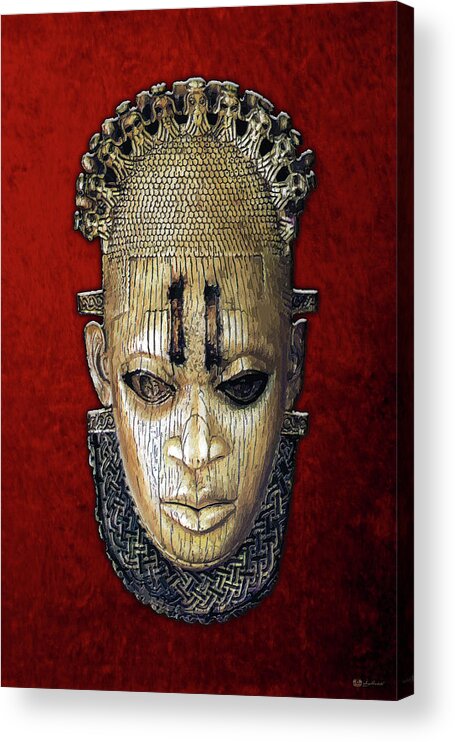 'treasures Of Africa' Collection By Serge Averbukh Acrylic Print featuring the digital art Queen Mother Idia - Ivory Hip Pendant Mask - Nigeria - Edo Peoples - Court of Benin on Red Velvet by Serge Averbukh