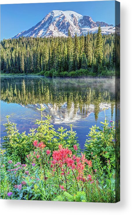 Rainier Acrylic Print featuring the photograph Rainier Wildflowers at Reflection Lake by Pierre Leclerc Photography