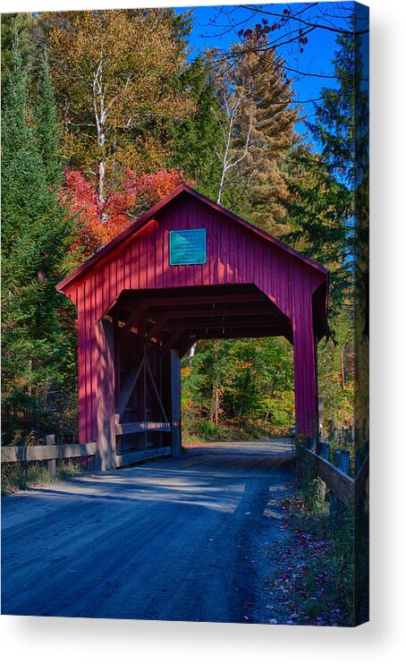 Moseley Covered Bridge Acrylic Print featuring the photograph Red autumn foliage over Moseley covered bridge by Jeff Folger