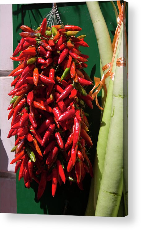 Hot Chili Peppers Hanging Outdoors Acrylic Print featuring the photograph Red Hot Chili Peppers by Sally Weigand