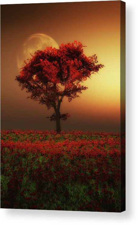 Blue Acrylic Print featuring the painting Red tree in the evening by Jan Keteleer