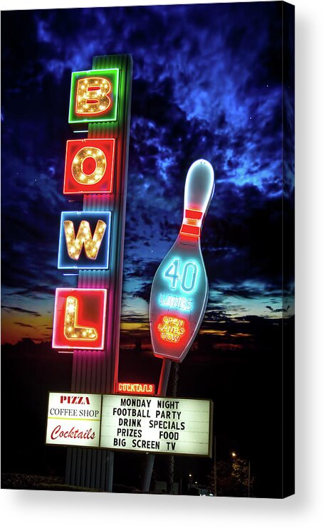 Bowling Acrylic Print featuring the photograph Retro Bowling Alley Sign by Mark Andrew Thomas
