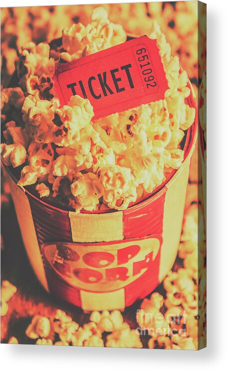 Food Acrylic Print featuring the photograph Retro film stub and movie popcorn by Jorgo Photography