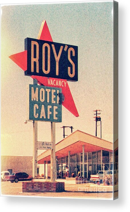 Roy's Acrylic Print featuring the photograph Roy's motel cafe sign, Route 66 by Delphimages Photo Creations