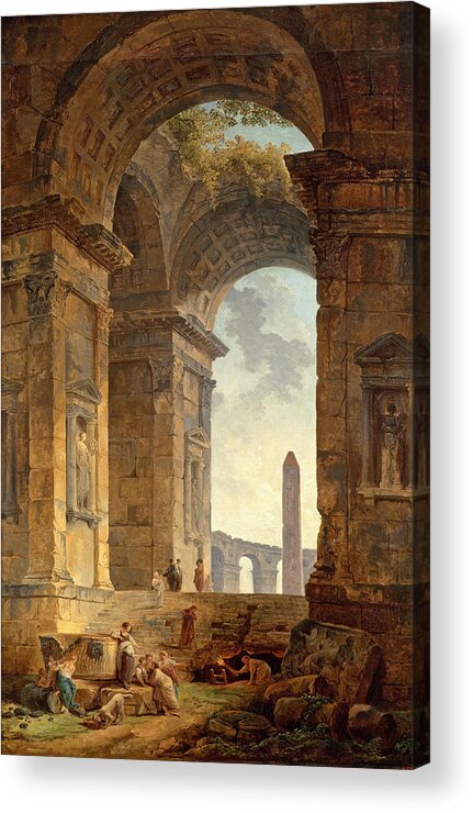 Hubert Robert Acrylic Print featuring the painting Ruins with an Obelisk in the Distance  by Hubert Robert