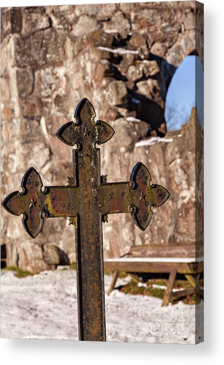 Snow Acrylic Print featuring the photograph Rya chapel grave marker by Sophie McAulay